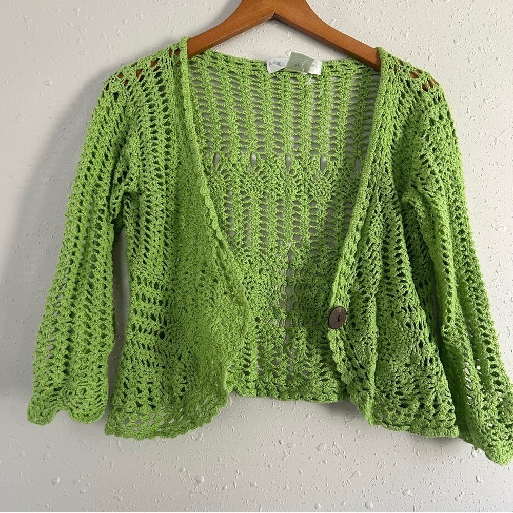 Isabella Rodriguez Lime Open-Knit Cardigan Y2K Neon Casual Crochet Large Vintage